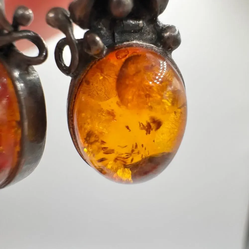 Amber Patina’d Silver Earrings Art Nouveau Style Floral Acid Tested Ornate 4.78g - Picture 3 of 13